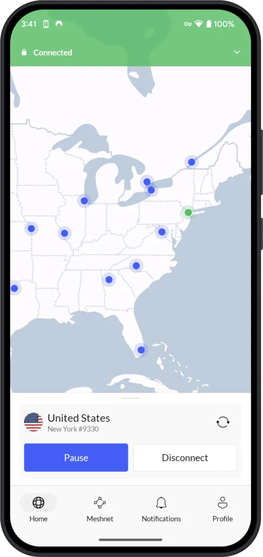 NordVPN Android app connected to a server in New York, with Pause and Disconnect buttons.