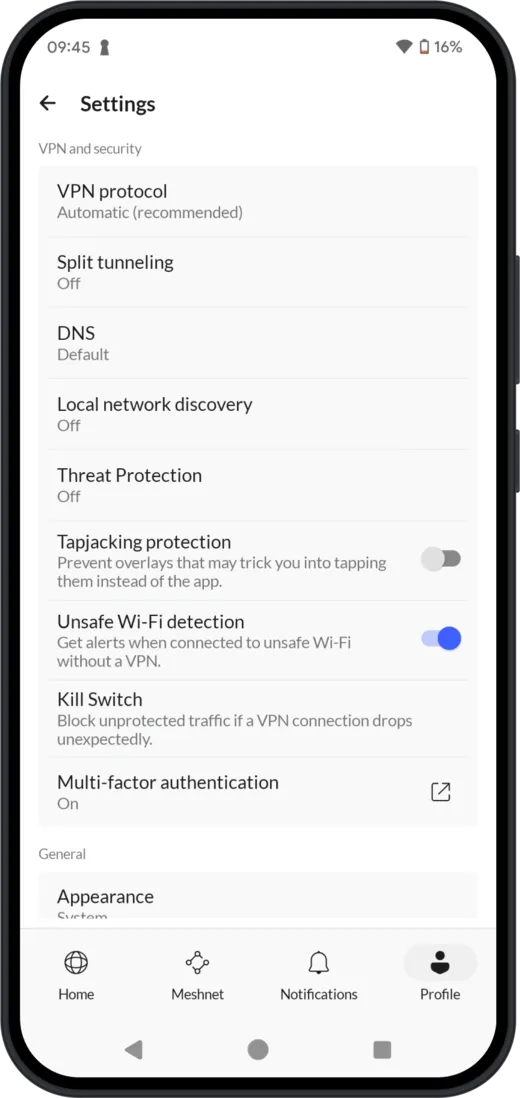 NordVPN Android settings: VPN protocol, split tunneling, Threat Protection, tapjacking protection, unsafe Wi-Fi detection, kill switch and multi-factor authentication.